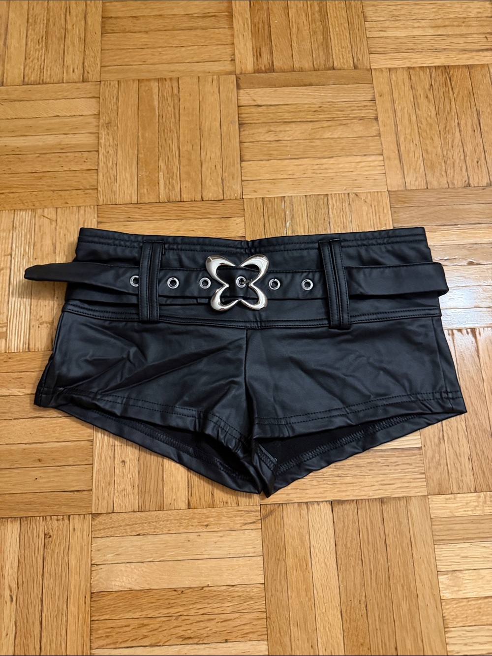 Black Faux Leather Women's Micro Belted Shorts
